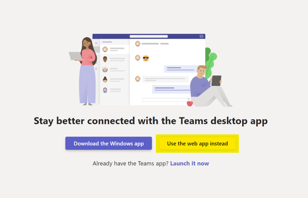 Window displaying options to join Teams by app or web