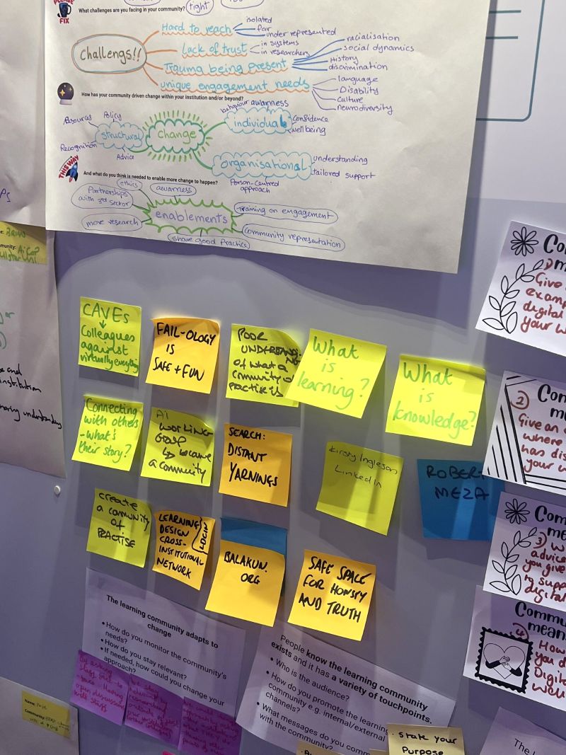 Pieces of paper from community hub activities displayed on a notice board