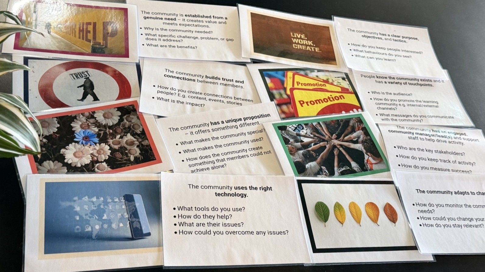 Selection of question cards based on the receipe for success activity at the POwered by People event hosten by Jisc and UCLAN